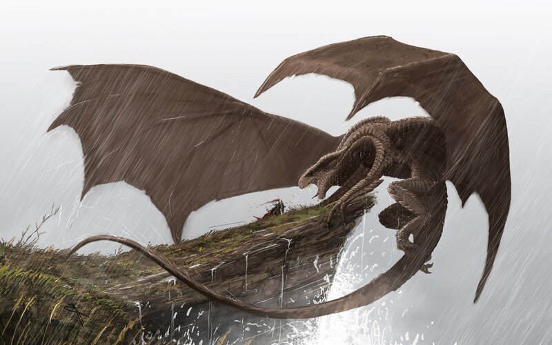 Dragon Attacking Warrior — Brown, Dramatic, Digital Art, Cliff