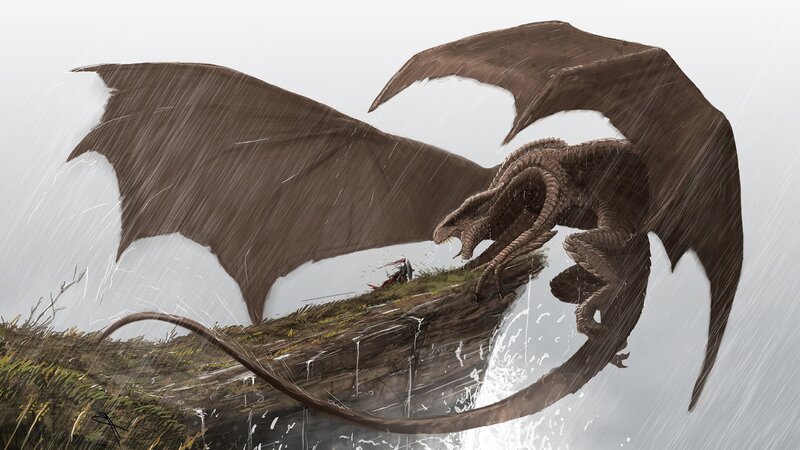 Dragon Attacking Warrior — Brown, Dramatic