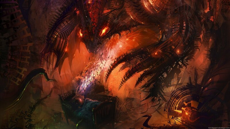 Dragon Attacking Warrior — Red, Dramatic, Digital Art