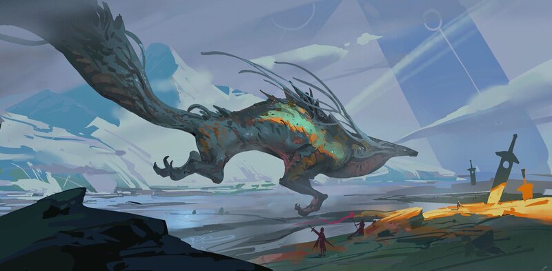 Dragon Attacking Warriors — Blue, Dramatic