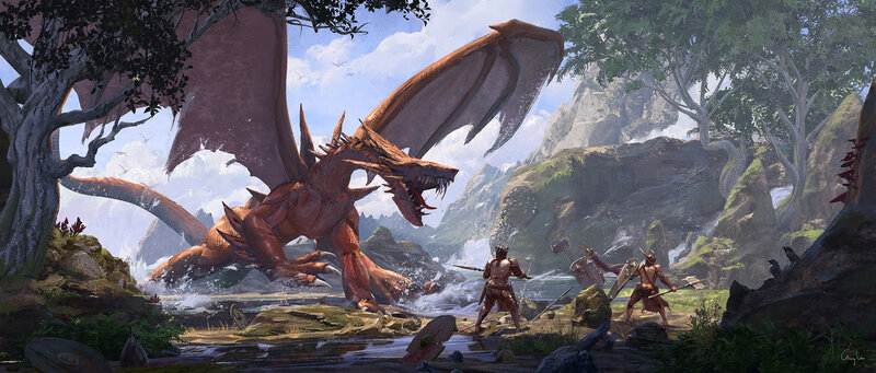 Dragon Attacking Warriors — Brown, Dramatic, Afternoon