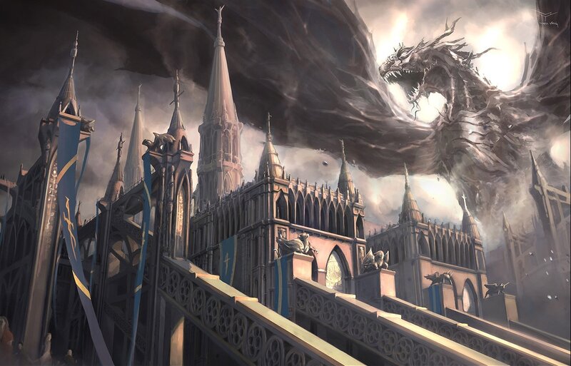 Dragon attacks a gothic city