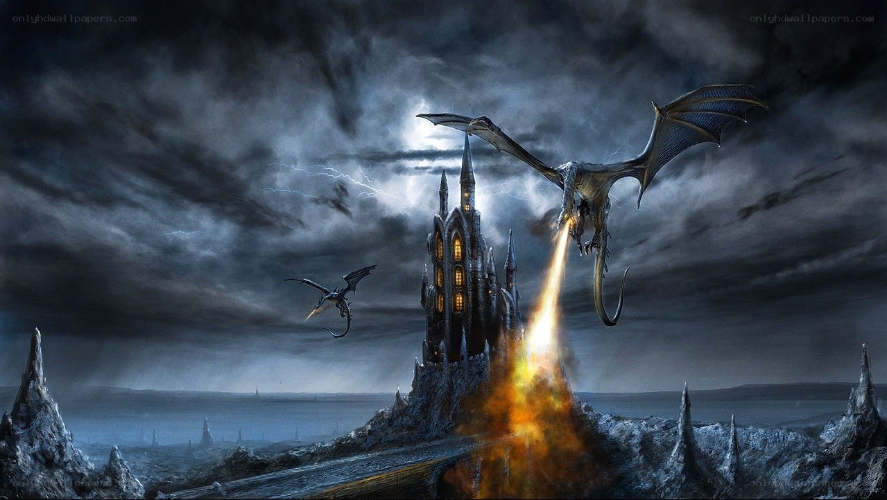 Dragon attacks castle at night