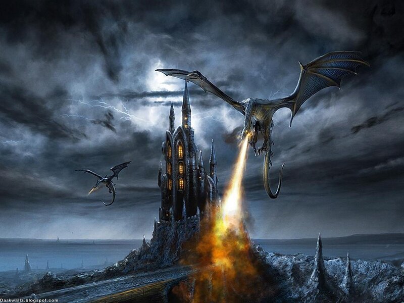 Dragon attacks castle at night