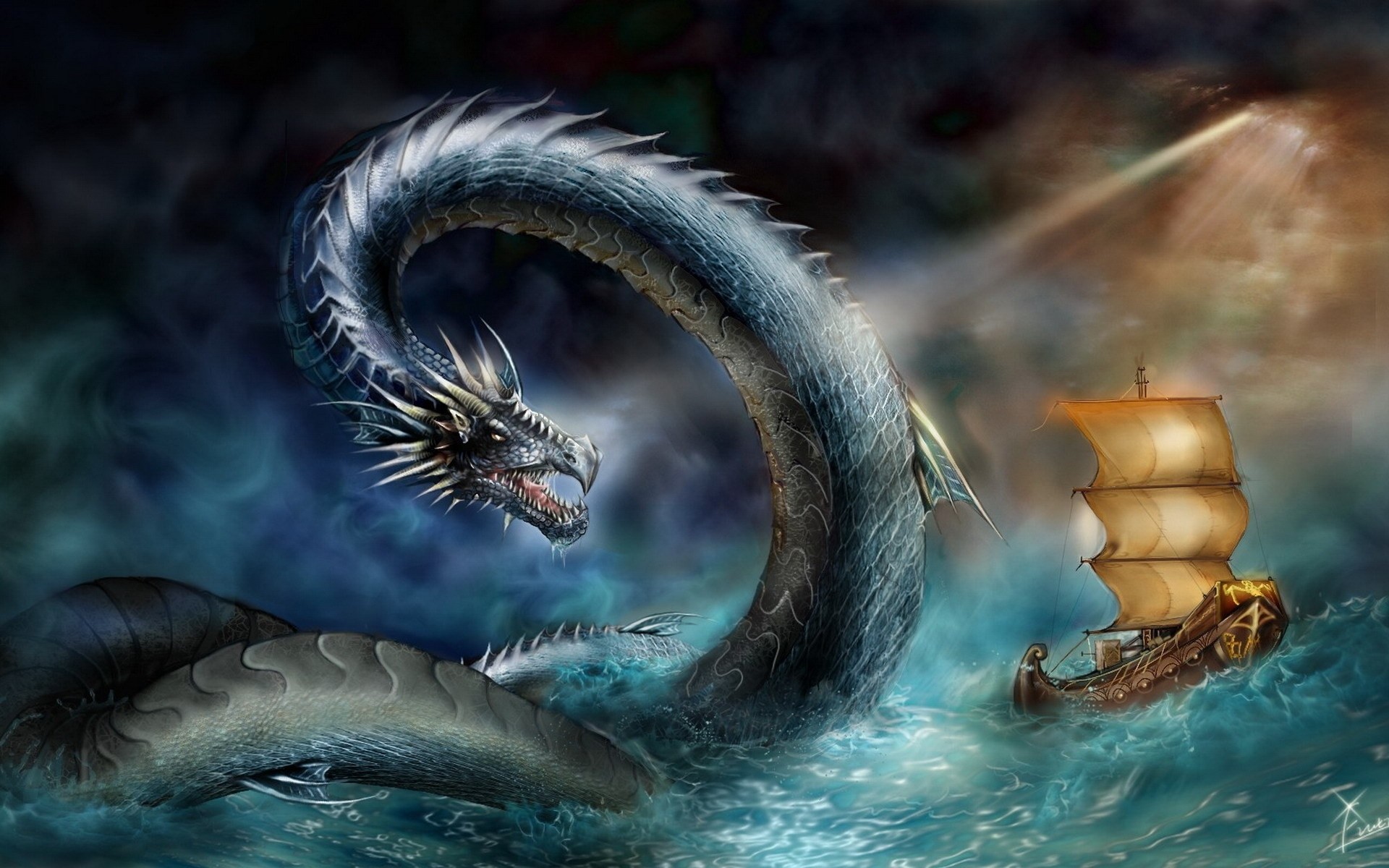 Dragon attacks ship at sea