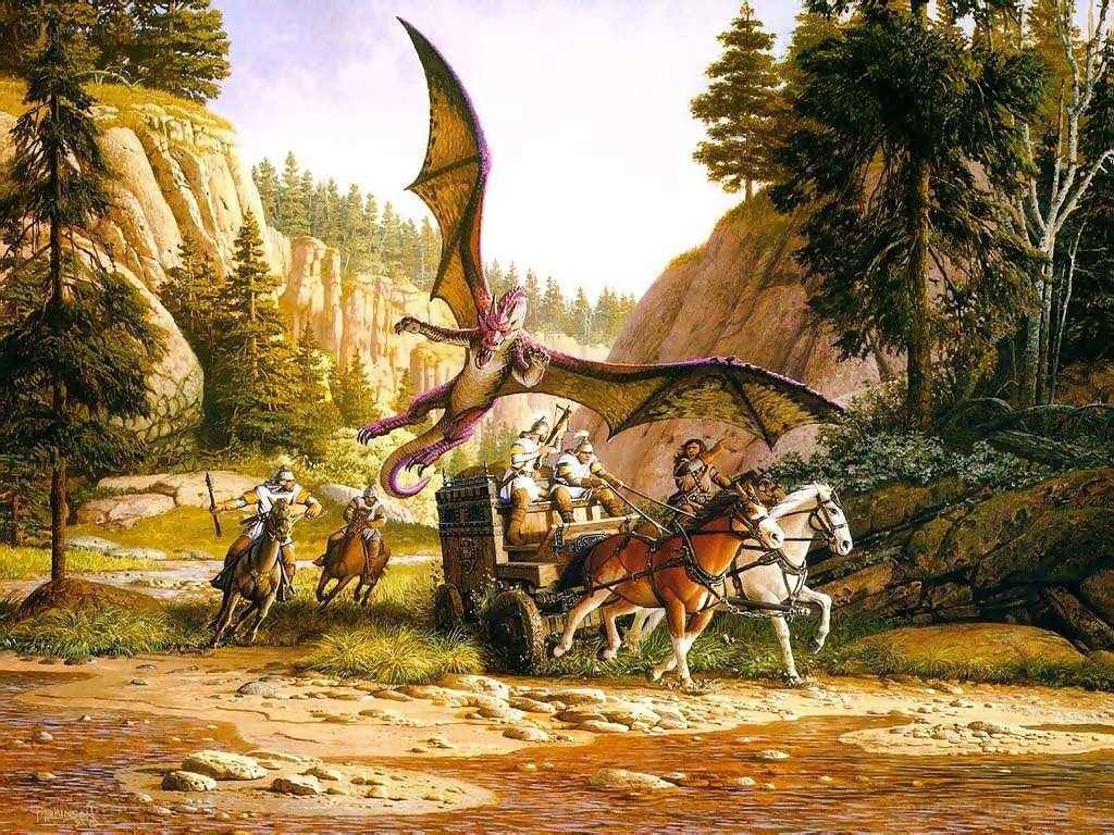 Dragon attacks wagon in forest