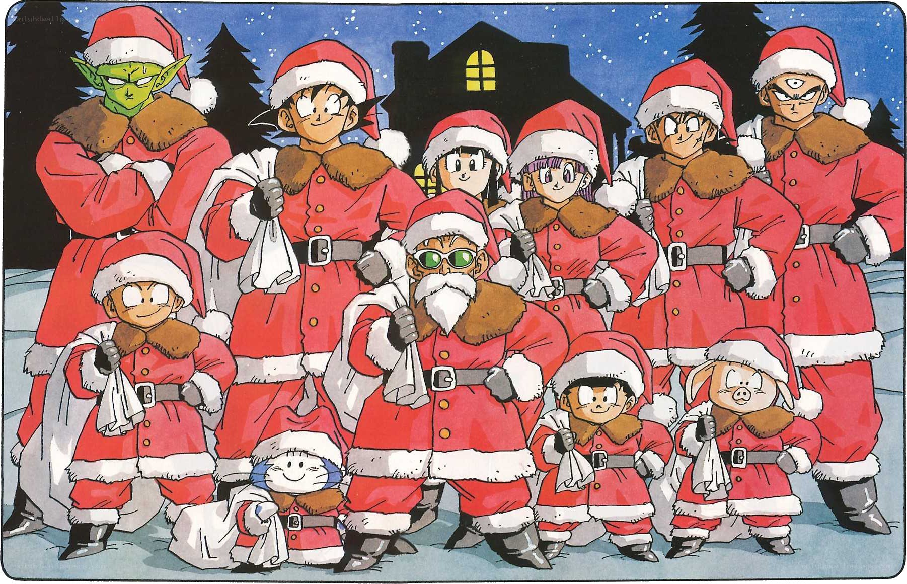 Dragon Ball characters in Santa outfits