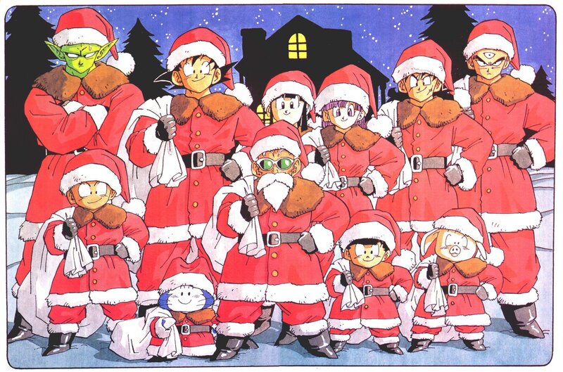 Dragon Ball characters in Santa outfits
