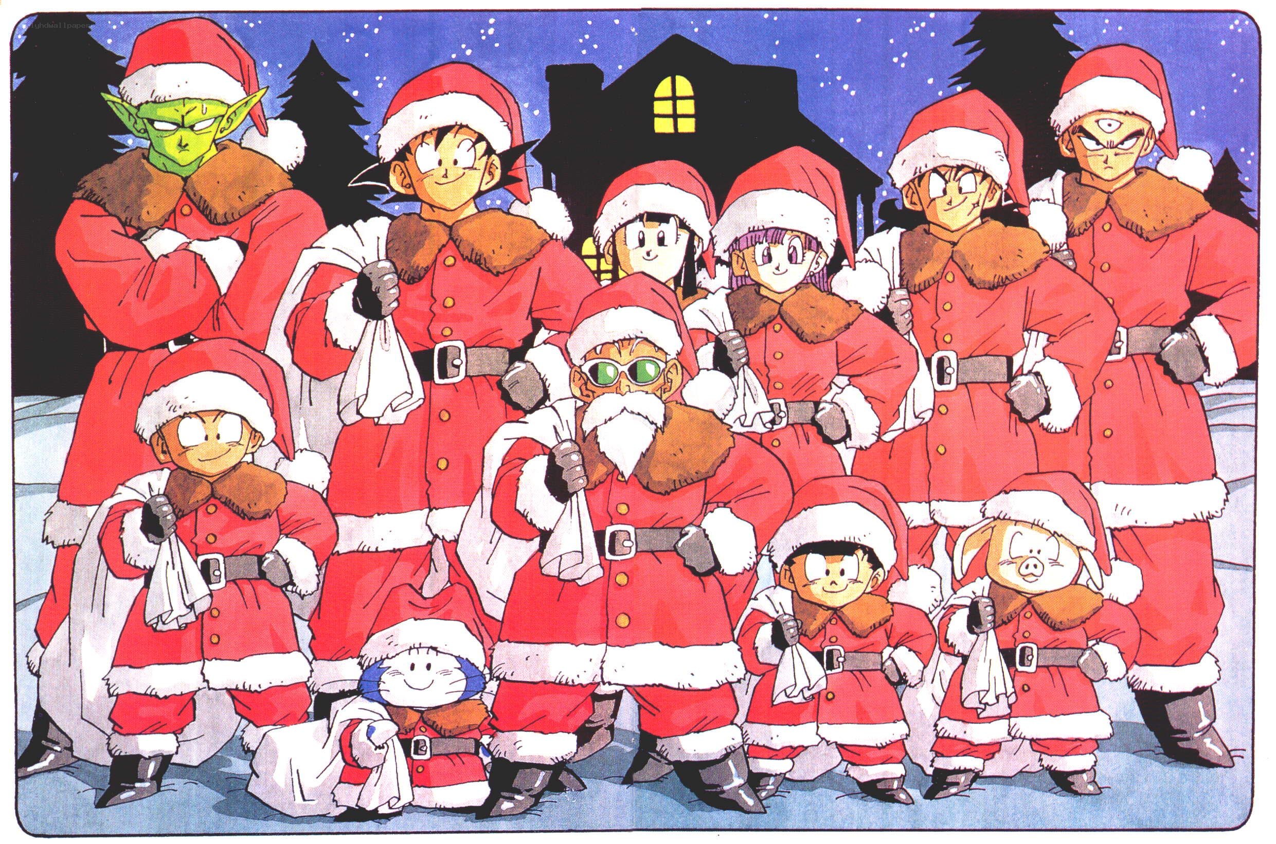 Dragon Ball characters in Santa outfits