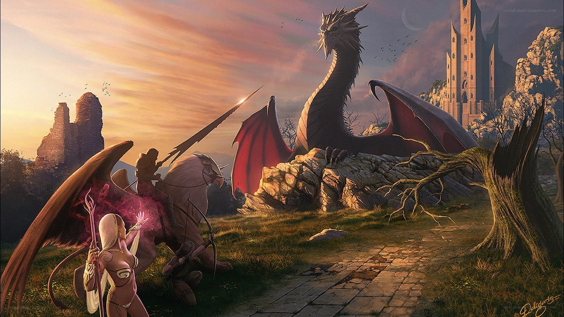 Dragon battle at sunset