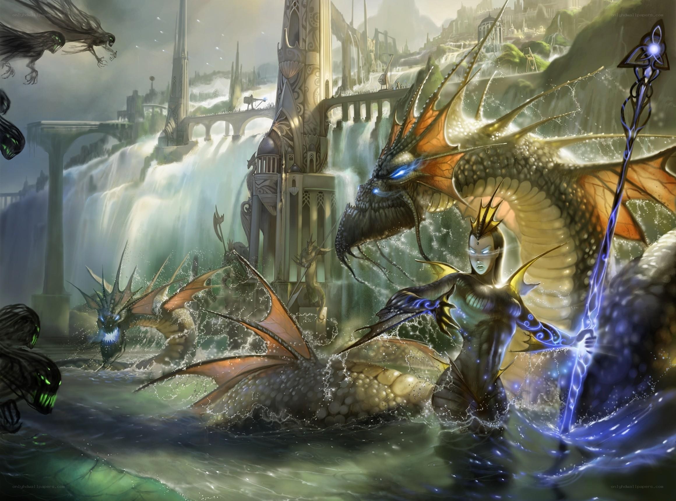 Dragon battle at waterfall city