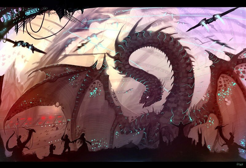 dragon battle in a futuristic cave