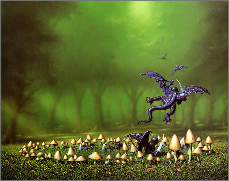 Dragon battle in a mystical forest