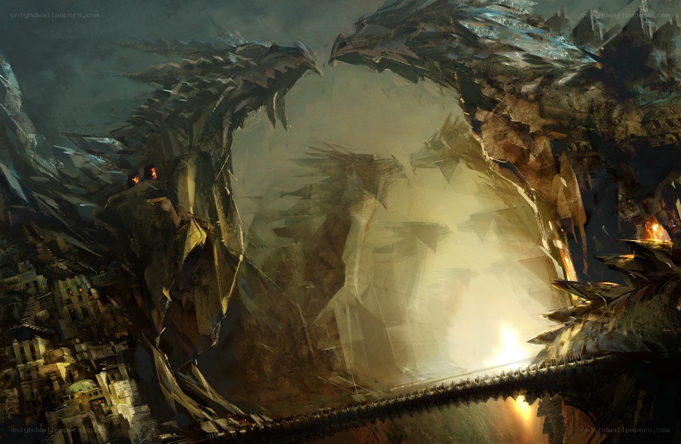 dragon battle over a city