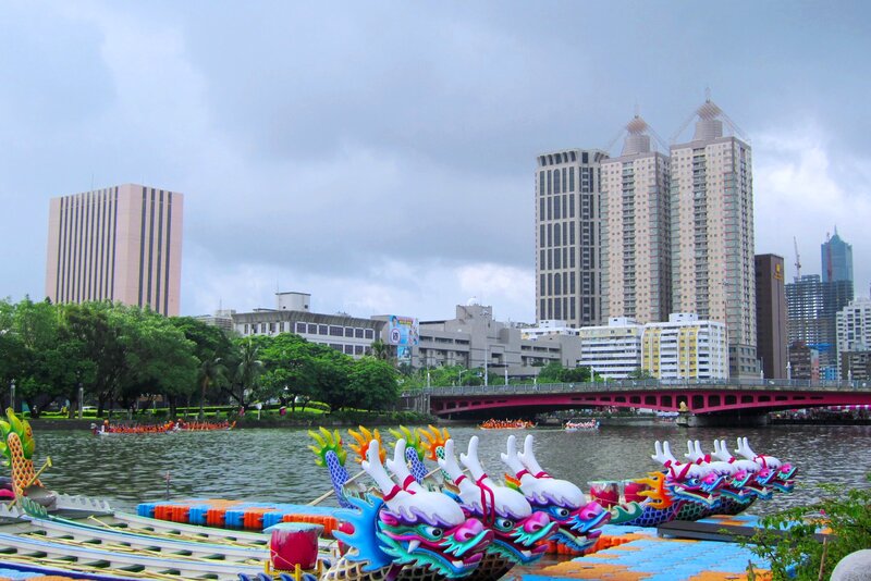 Dragon Boats on River — Blue