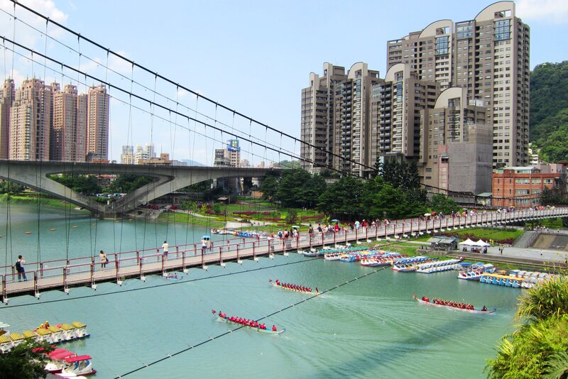 Dragon Boats on River — Green