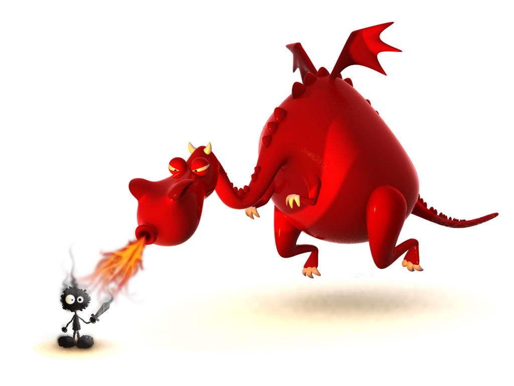 Dragon breathes fire at knight