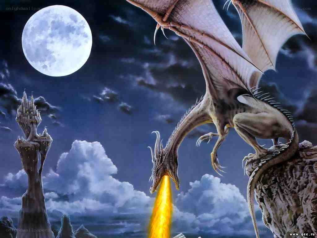 Dragon breathing fire at night