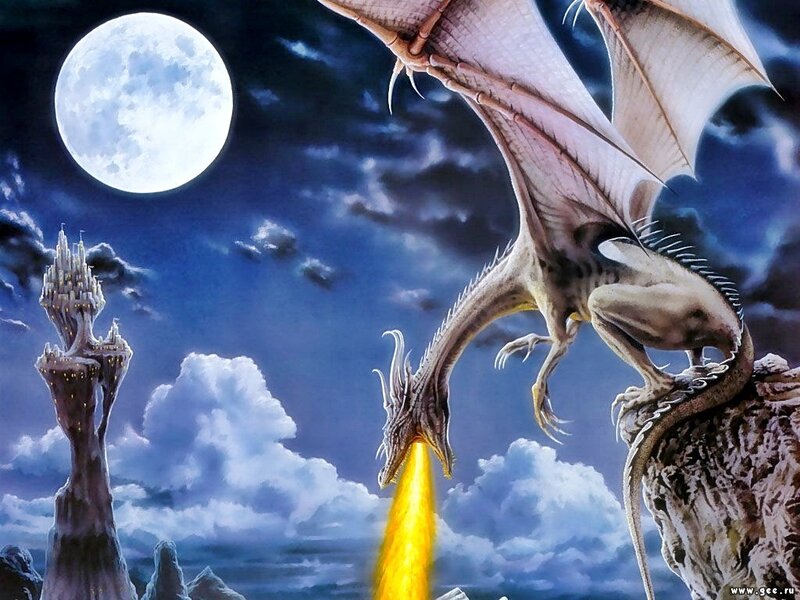 Dragon breathing fire at night