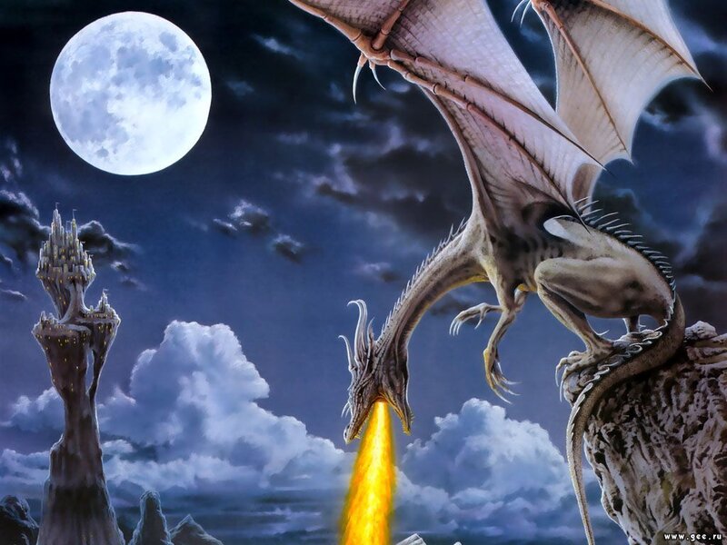 Dragon breathing fire at night