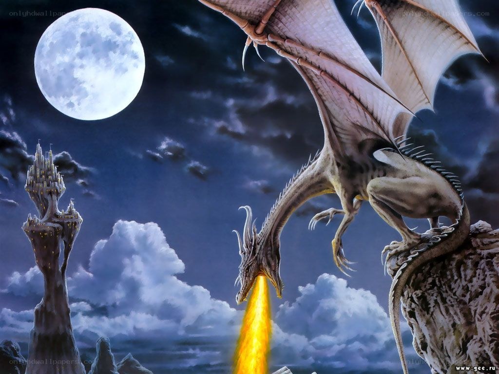 Dragon breathing fire at night