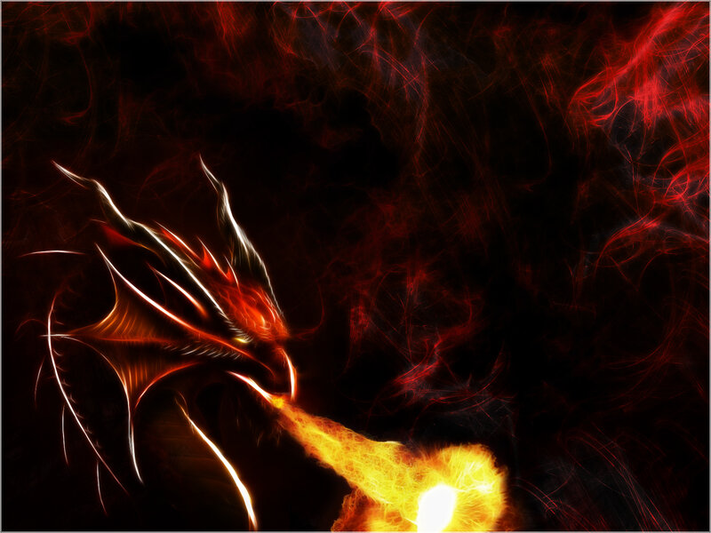 Dragon Breathing Fire — Black, Dramatic, Digital Art, Flames, Darkness