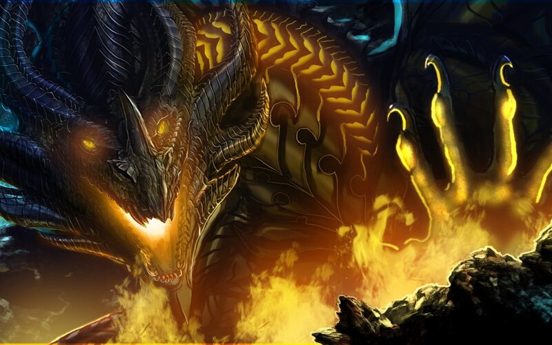 Dragon Breathing Fire — Black, Dramatic, Digital Art, Flames