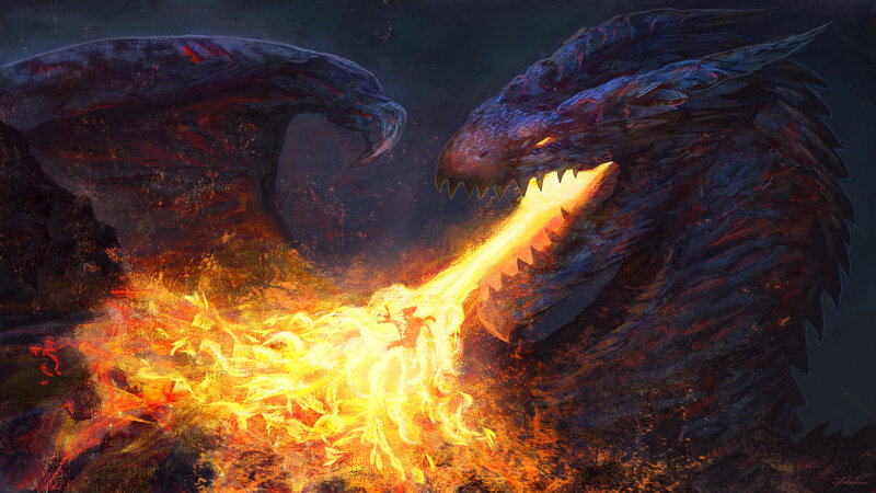 Dragon Breathing Fire — Black, Dramatic, Night, Digital Art, Flames