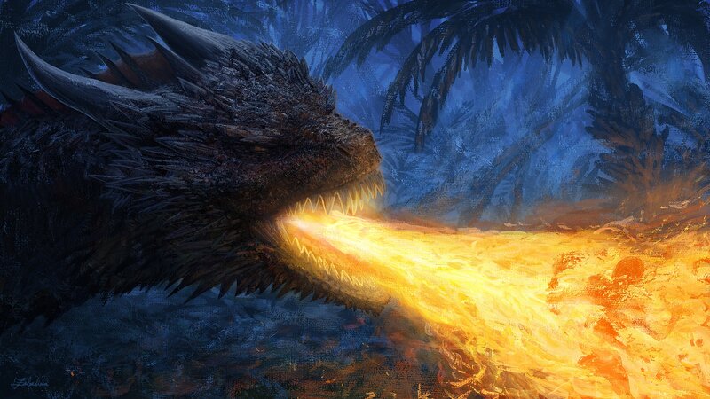 Dragon Breathing Fire — Black, Dramatic, Night, Digital Art, Jungle