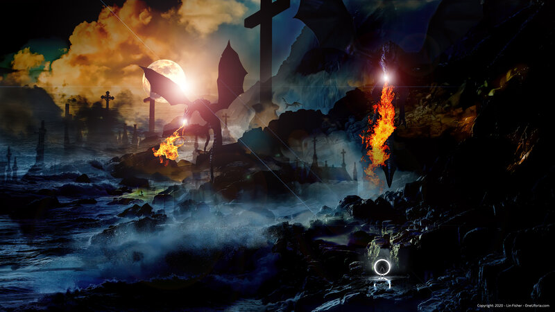 Dragon Breathing Fire — Black, Dramatic, Night, Digital Art, Moon, Crosses