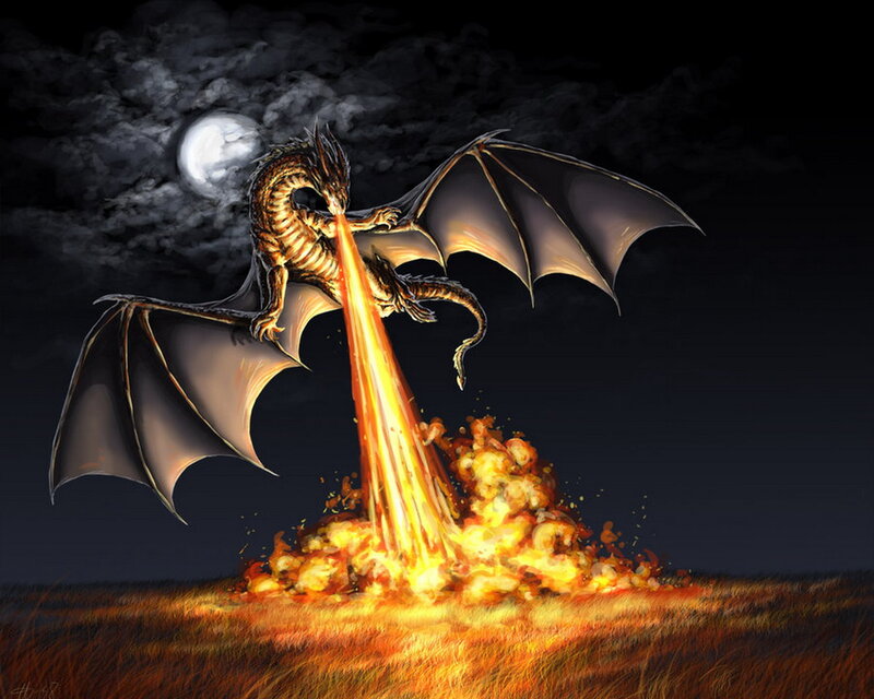 Dragon Breathing Fire — Black, Dramatic, Night, Digital Art, Moon