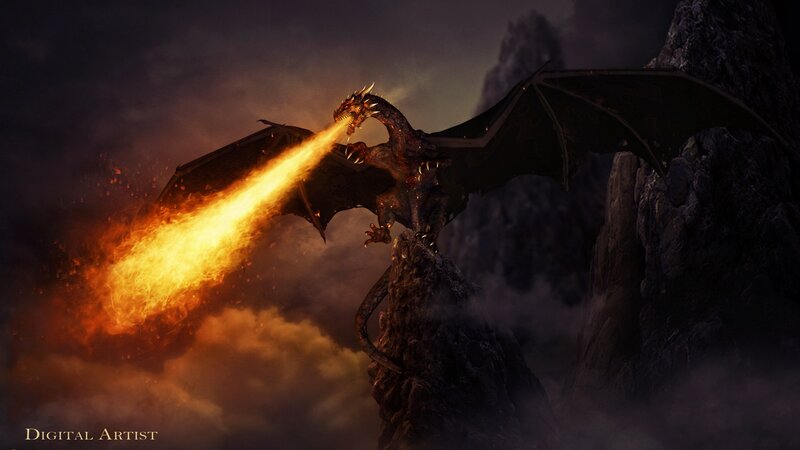 Dragon Breathing Fire — Black, Dramatic, Night, Digital Art, Mountain