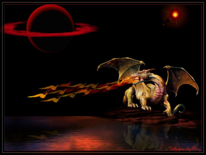 Dragon Breathing Fire — Black, Dramatic, Night, Digital Art, Planet