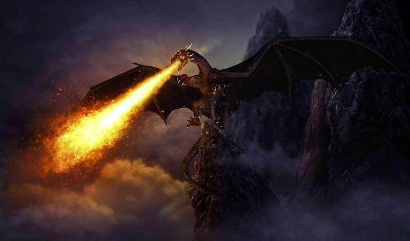 Dragon Breathing Fire — Black, Dramatic, Night, Digital Art