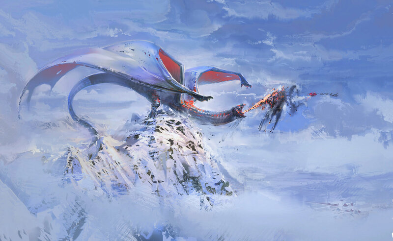 Dragon Breathing Fire — Blue, Dramatic, Digital Art, Mountain