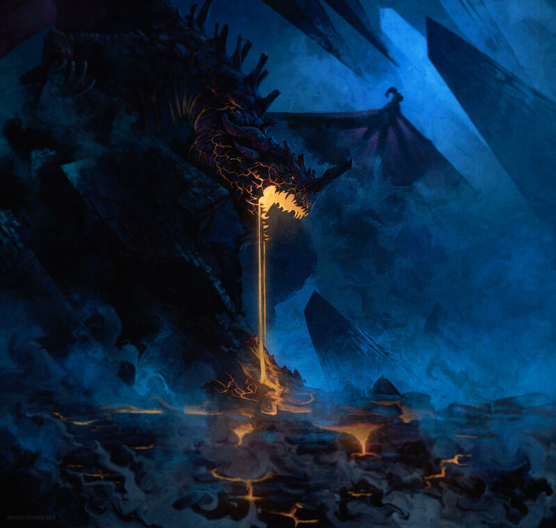 Dragon Breathing Fire — Blue, Dramatic, Night, Digital Art, Cave