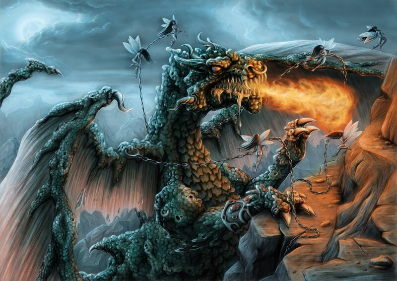 Dragon Breathing Fire — Blue, Dramatic, Night, Digital Art, Fairies