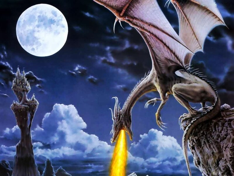 Dragon Breathing Fire — Blue, Dramatic, Night, Digital Art, Moon