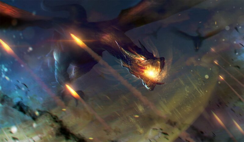 Dragon Breathing Fire — Blue, Dramatic, Night, Digital Art, Wings, Sky