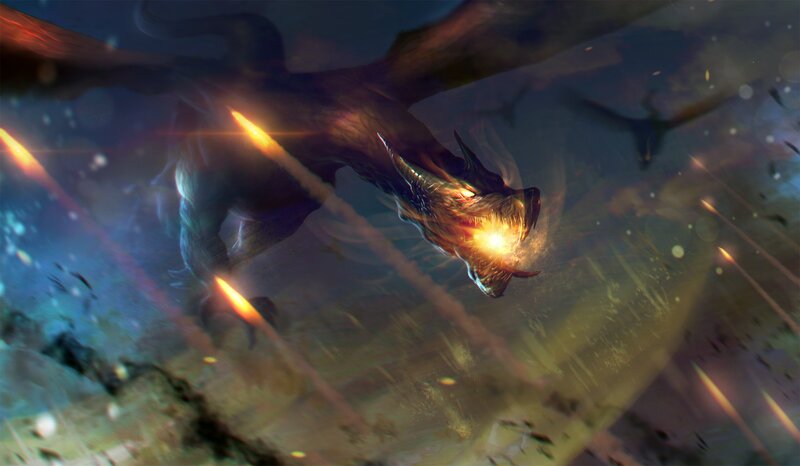 Dragon Breathing Fire — Blue, Dramatic, Night, Digital Art, Wings