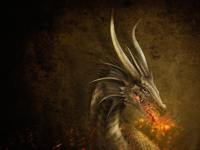 Dragon Breathing Fire — Brown, Dramatic, Digital Art, Horned Head, Scales