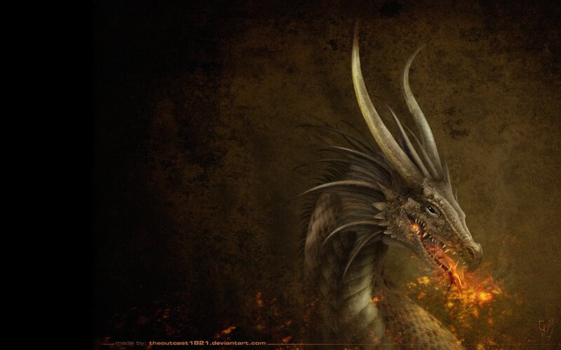 Dragon Breathing Fire — Brown, Dramatic, Digital Art, Horned Head