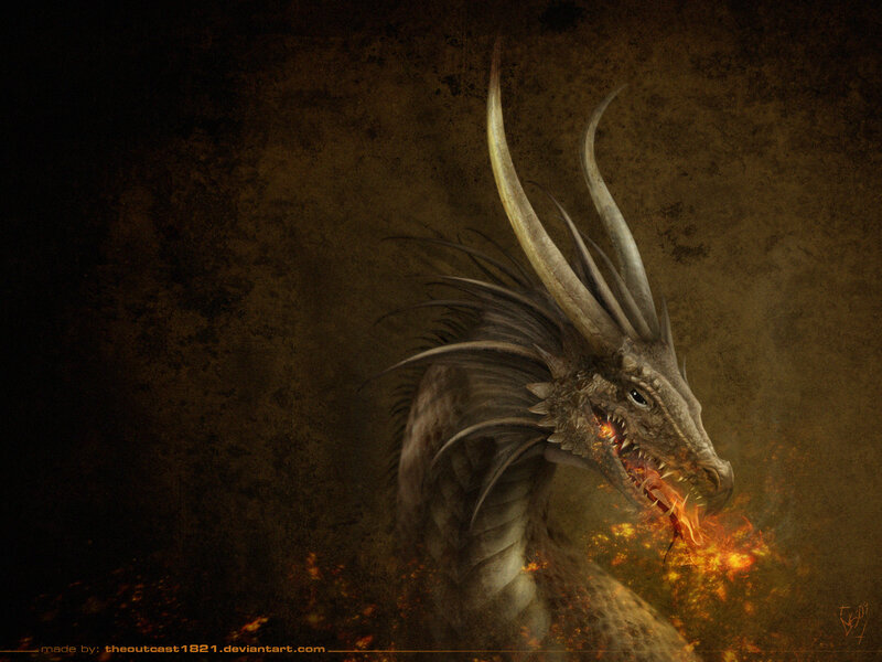 Dragon Breathing Fire — Brown, Dramatic, Digital Art, Horns