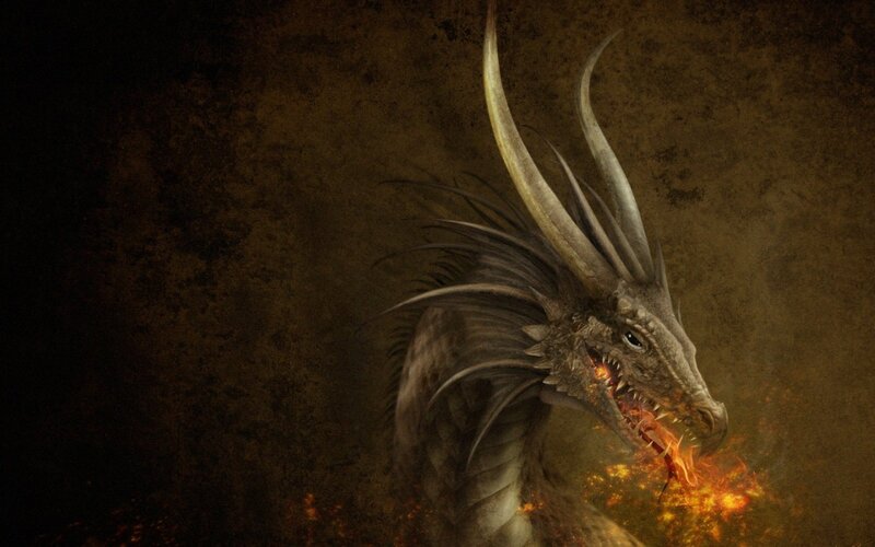 Dragon Breathing Fire — Brown, Dramatic, Digital Art