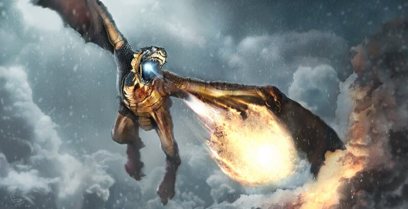 Dragon Breathing Fire — Gray, Dramatic, Digital Art