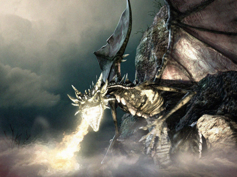 Dragon Breathing Fire — Gray, Dramatic, Night, Digital Art, Clouds