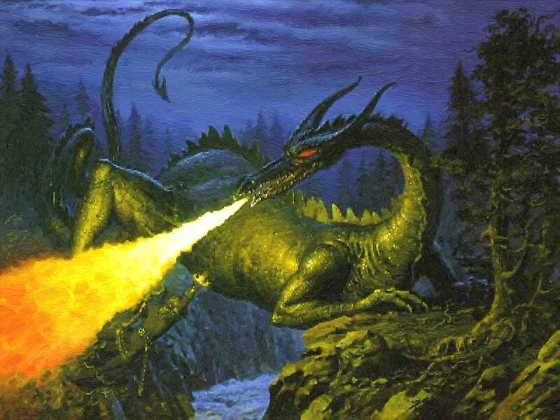 Dragon Breathing Fire — Green, Dramatic, Night