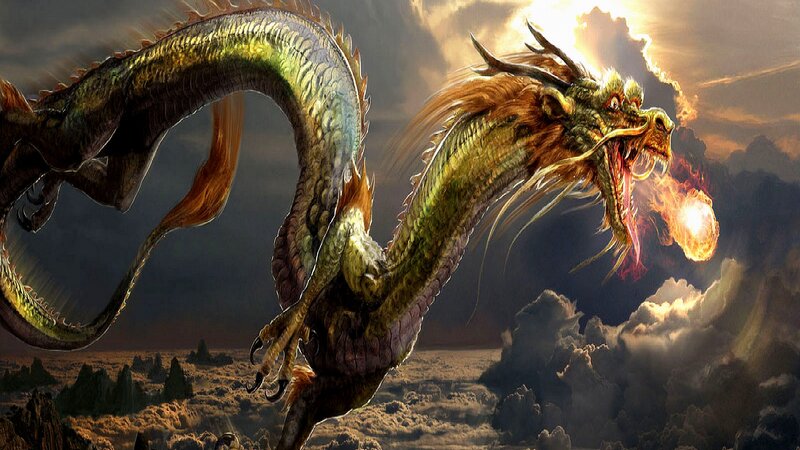 Dragon Breathing Fire — Green, Dramatic, Sunset