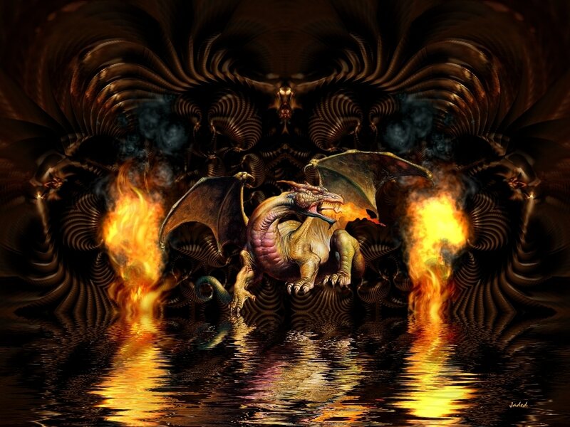 dragon breathing fire in dark cave
