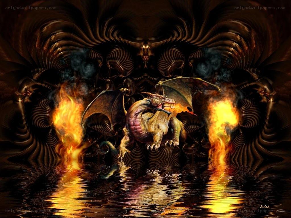dragon breathing fire in dark cave